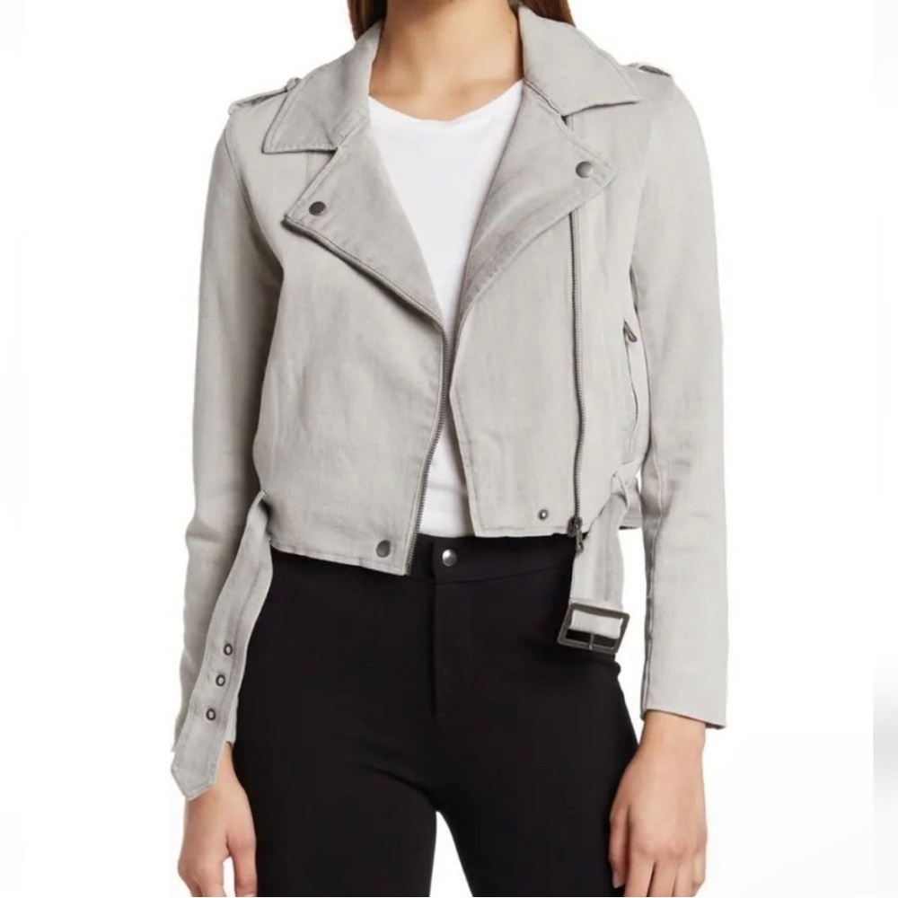 BELLE AND BLOOM MEDIUM CROP JACKET Limelight Gray Denim Moto Jacket - Picture 2 of 12